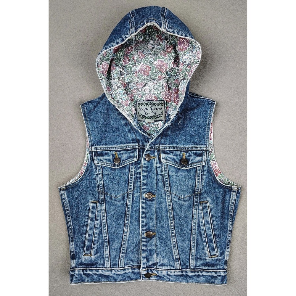 VINTAGE 90s Pepe Jeans Denim Vest Women Small Hooded Floral Girly Trucker MINT